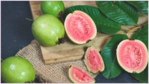 Guava fruit with pink pulp inside