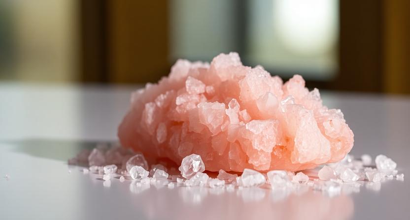 Beautiful crystals of pink salt on white table.